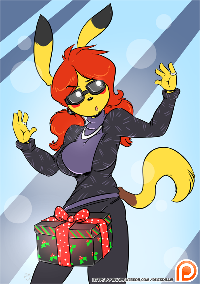 2017 4_fingers anthro breasts chu_(duckdraw) clothed clothing dick_in_a_box dickgirl duckdraw eyewear fur gift hair intersex jewelry necklace nintendo open_mouth orange_hair patreon pigtails pikachu pok&eacute;mon ring solo sunglasses video_games yellow_fur