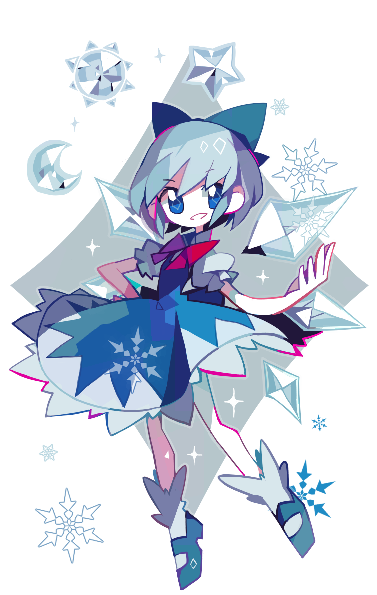 amakusa_(hidorozoa) blue_dress blue_eyes blue_hair cirno crescent dress full_body grin hair_ribbon ice ice_wings looking_at_viewer mary_janes moon puffy_sleeves ribbon shoes short_hair short_sleeves smile snowflakes socks solo sparkle sun touhou upskirt white_background wings