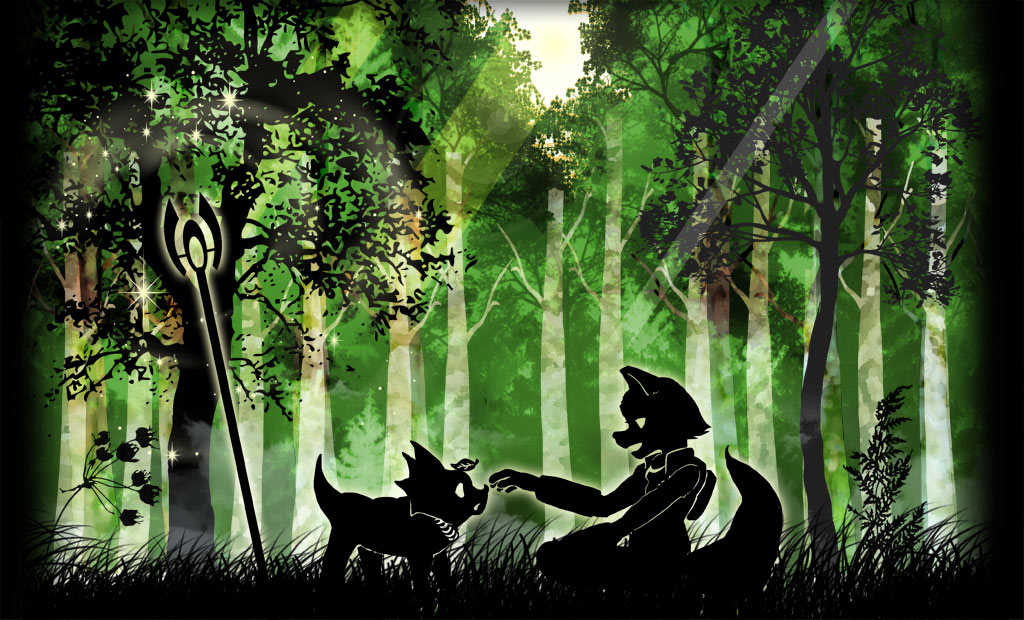 anthro canine dinosaur duo forest fox fox_mccloud grass male mammal nintendo prince_tricky silhouette sitting staff star_fox tree video_games weapon さるゐも