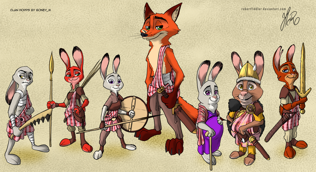 2017 anthro armor bandage belly big_belly bonnie_hopps canine clothed clothing disney english_text fan_character female fox group hand_on_hip helmet holding_object holding_weapon judy_hopps lagomorph looking_at_viewer male mammal melee_weapon nick_wilde notched_ear polearm pregnant rabbit robertfiddler shield signature smile spear standing stu_hopps sword text weapon zootopia