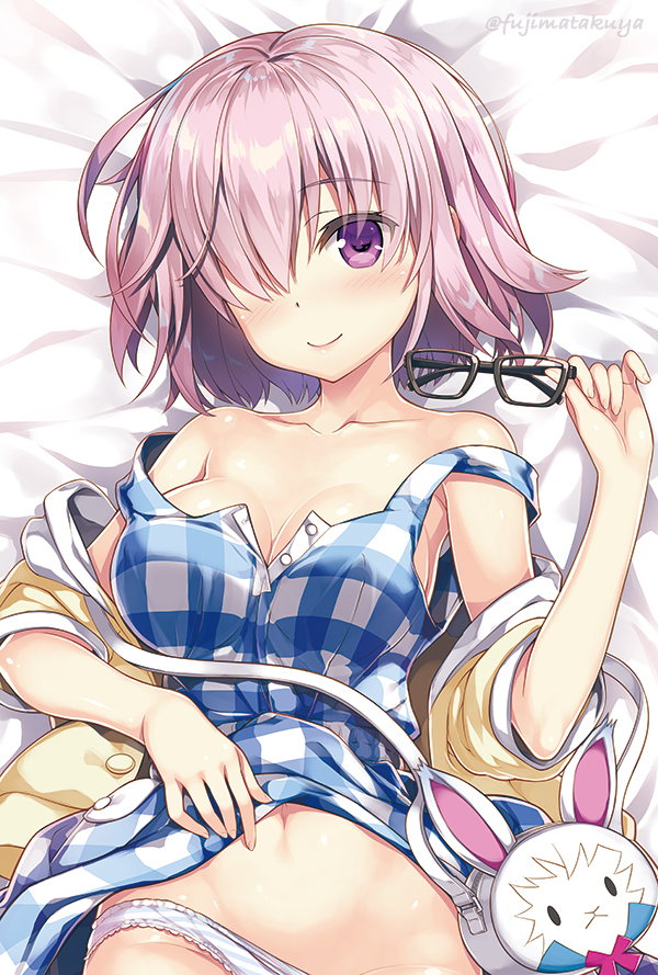 :&lt; bag bare_shoulders bed belly_peek black-framed_eyewear breasts buttons casual checkered checkered_dress cleavage closed_mouth collarbone commentary_request dress eyebrows_visible_through_hair eyewear_removed fate_(series) fujima_takuya glasses gloves groin hair_over_one_eye hand_on_own_stomach handbag head_tilt holding holding_eyewear jacket long_sleeves looking_at_viewer lying mash_kyrielight medium_breasts navel no_bra on_back open_clothes open_jacket panties panty_pull pink_hair purple_eyes short_hair sleeveless sleeveless_dress smile solo strap_slip twitter_username unbuttoned underwear white_gloves yellow_jacket