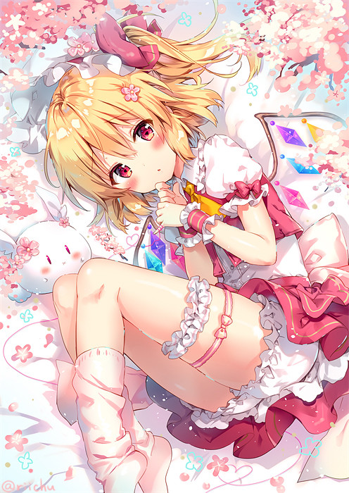 bangs blonde_hair bloomers blush cherry_blossoms eyebrows_visible_through_hair flandre_scarlet frills leg_garter looking_at_viewer lying on_side parted_lips petals puffy_short_sleeves puffy_sleeves red_eyes riichu short_sleeves side_ponytail socks solo stuffed_animal stuffed_bunny stuffed_toy touhou underwear white_legwear wings