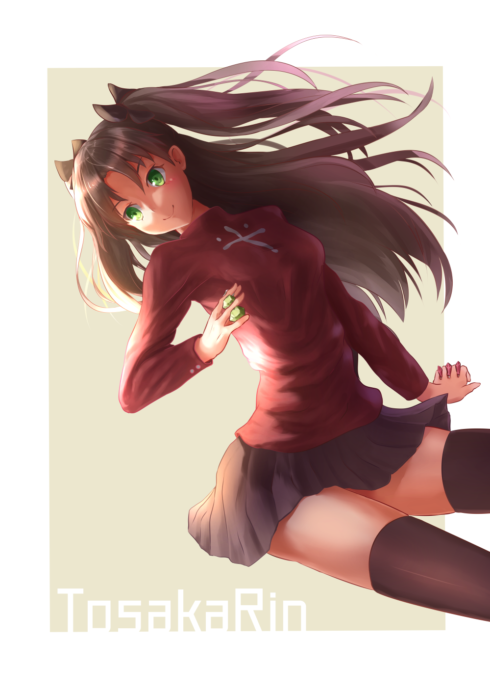 between_fingers black_legwear black_skirt cc5568135 character_name fate/stay_night fate_(series) gem green_eyes highres skindentation skirt smile solo thighhighs thighs toosaka_rin two_side_up white_background zettai_ryouiki