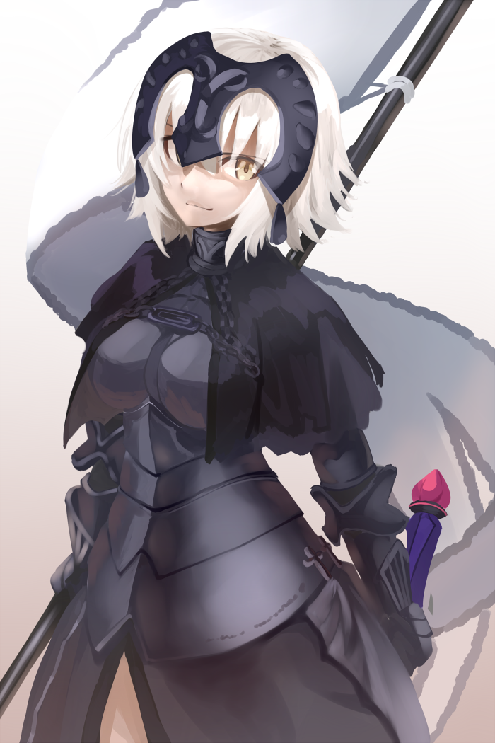 &gt;:) armor armored_dress bangs black_dress breasts capelet chain closed_mouth cowboy_shot dress fate/grand_order fate_(series) faulds flag gauntlets headpiece holding holding_sword holding_weapon jeanne_d'arc_(alter)_(fate) jeanne_d'arc_(fate)_(all) medium_breasts short_hair shunichi silver_hair smile solo sword v-shaped_eyebrows weapon yellow_eyes