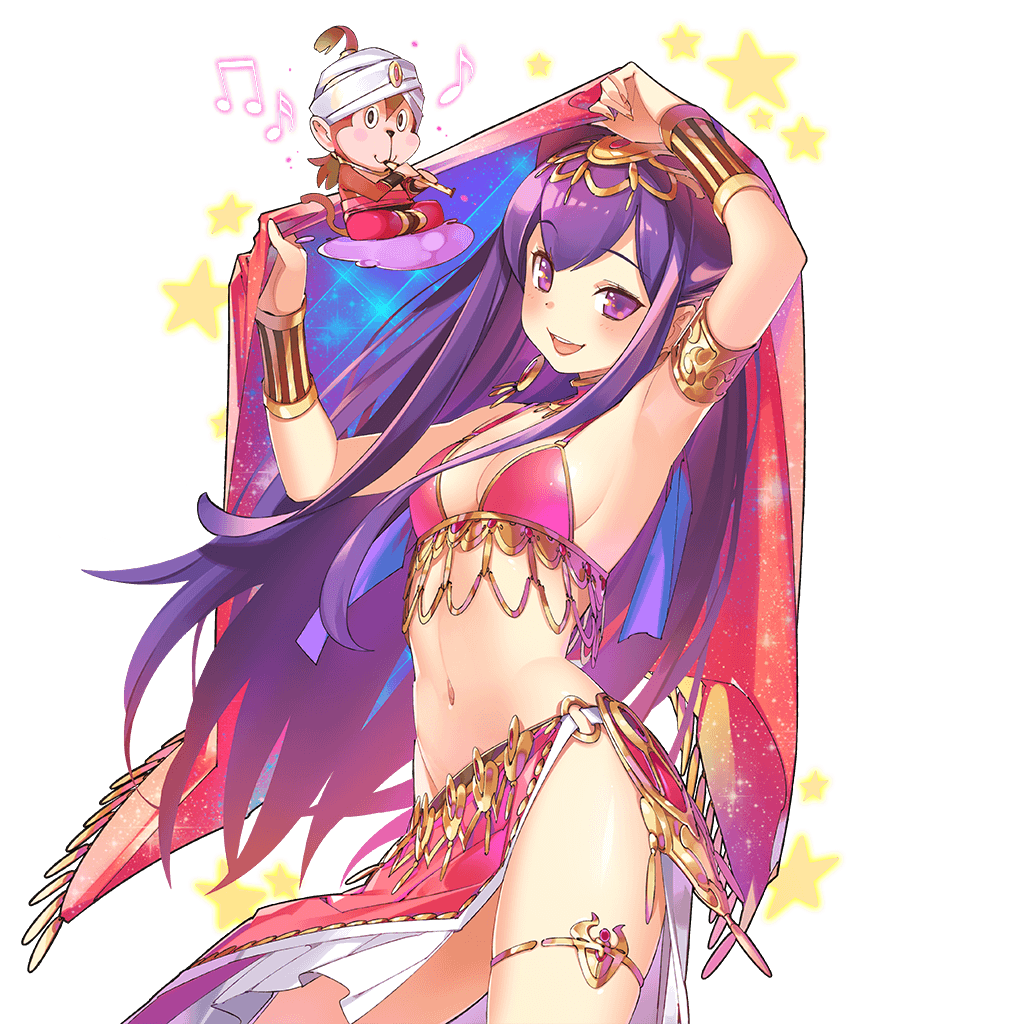 armlet arms_up beamed_eighth_notes blush bracer cowboy_shot dancer eighth_note flute headdress instrument looking_at_viewer monkey musical_note navel official_art open_mouth pelvic_curtain pop_kyun princess_cheshire_freesia purple_eyes purple_hair sixteenth_note thigh_strap transparent_background uchi_no_hime-sama_ga_ichiban_kawaii