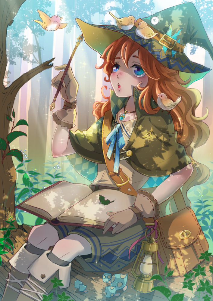 animal bent_knees bird blue_eyes blush book gloves hat long_hair open_mouth original sitting solo witch witch_hat