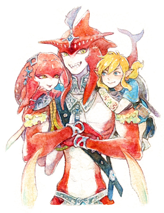 2boys abs bad_id bad_pixiv_id blonde_hair blue_eyes brother_and_sister carrying_over_shoulder chie_(pixiv2637213) fins fish_girl fishman gem hair_ornament jewelry link locked_arms looking_at_another looking_at_viewer mipha monster_boy multicolored multicolored_skin multiple_boys pointy_ears red_skin sharp_teeth siblings sidon simple_background smile teeth the_legend_of_zelda the_legend_of_zelda:_breath_of_the_wild white_background yellow_eyes zora