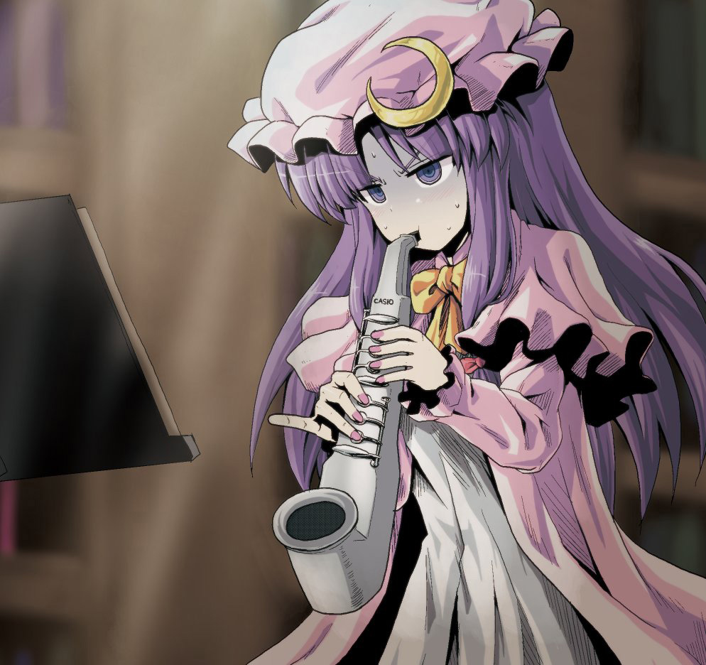 bangs blurry bow bowtie capelet commentary_request crescent depth_of_field dress hair_bow hat instrument kamishima_kanon long_hair long_sleeves mob_cap music pajamas parted_bangs patchouli_knowledge pinky_out playing_instrument purple_hair red_bow ringed_eyes saxophone sidelocks solo sweat touhou turn_pale upper_body white_dress yellow_bow yellow_neckwear