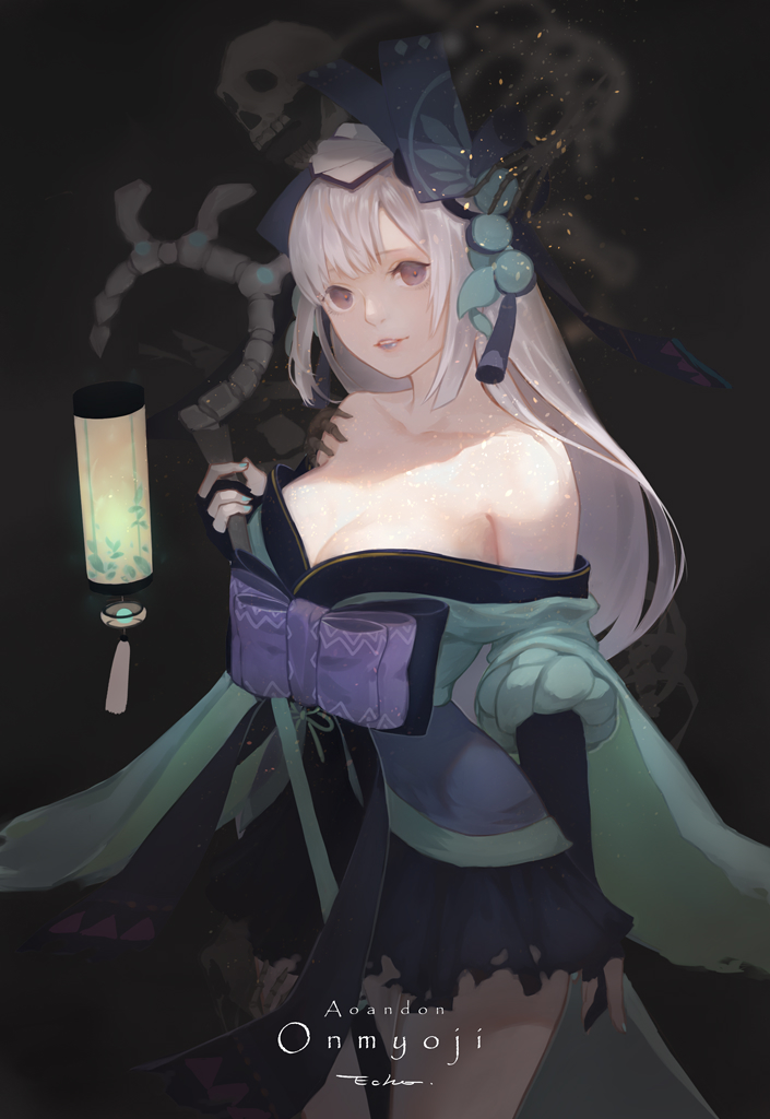 aoandon aqua_nails bare_shoulders breasts character_name collarbone copyright_name echosdoodle holding holding_staff japanese_clothes kimono lantern large_breasts lipstick long_hair makeup nail_polish off_shoulder onmyoji parted_lips purple_eyes signature silver_hair skeleton solo staff