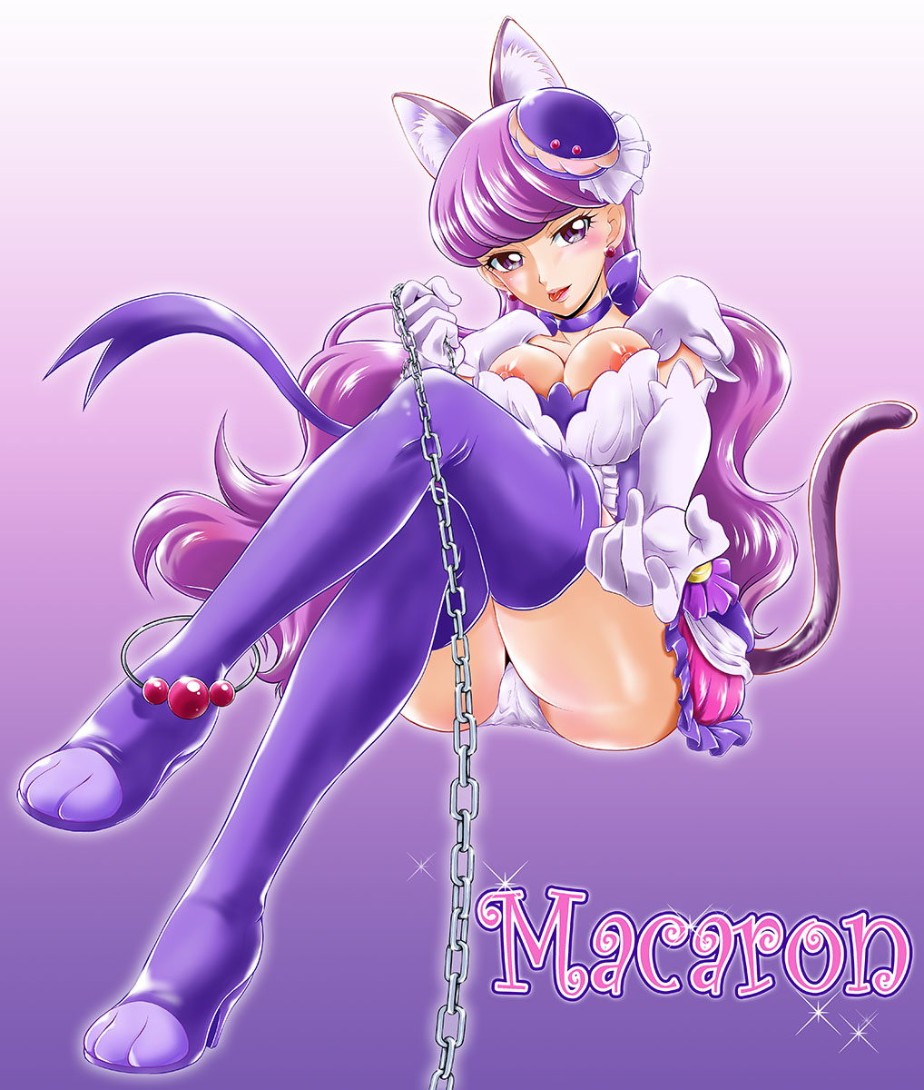 animal_ears anklet ass bangs blush boots breasts cat_ears cat_tail chain character_name choker come_hither cure_macaron dress earrings elbow_gloves extra_ears eyeshadow food_themed_hair_ornament frills gloves gradient gradient_background hair_ornament high_heel_boots high_heels highres invisible_chair jewelry kirakira_precure_a_la_mode kita_kazuki kotozume_yukari long_hair looking_at_viewer macaron_hair_ornament magical_girl makeup medium_breasts nipple_slip nipples panties pantyshot pantyshot_(sitting) precure purple_background purple_choker purple_eyes purple_hair sitting solo tail thigh_boots thighhighs thighs underwear very_long_hair wavy_hair white_gloves white_panties