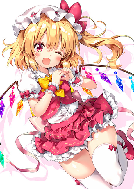 ;d asymmetrical_hair bangs blonde_hair blouse blush bow bowtie buttons collared_shirt commentary_request cowboy_shot crystal demon_wings dutch_angle eyebrows_visible_through_hair fingers_together flandre_scarlet foreshortening frilled_shirt_collar frilled_skirt frilled_sleeves frills hair_between_eyes hat hat_bow leg_up long_hair looking_at_viewer mary_janes miniskirt mob_cap one_eye_closed open_mouth orange_bow orange_neckwear petticoat pink_bow pink_footwear pink_skirt pink_vest puffy_short_sleeves puffy_sleeves red_bow red_eyes red_footwear red_skirt riichu scrunchie shiny shiny_hair shiny_skin shirt shoes short_sleeves side_ponytail silhouette simple_background skindentation skirt smile solo tareme thigh_gap thighhighs touhou vest white_background white_blouse white_hat white_legwear white_shirt wings wrist_scrunchie yellow_bow yellow_neckwear zettai_ryouiki
