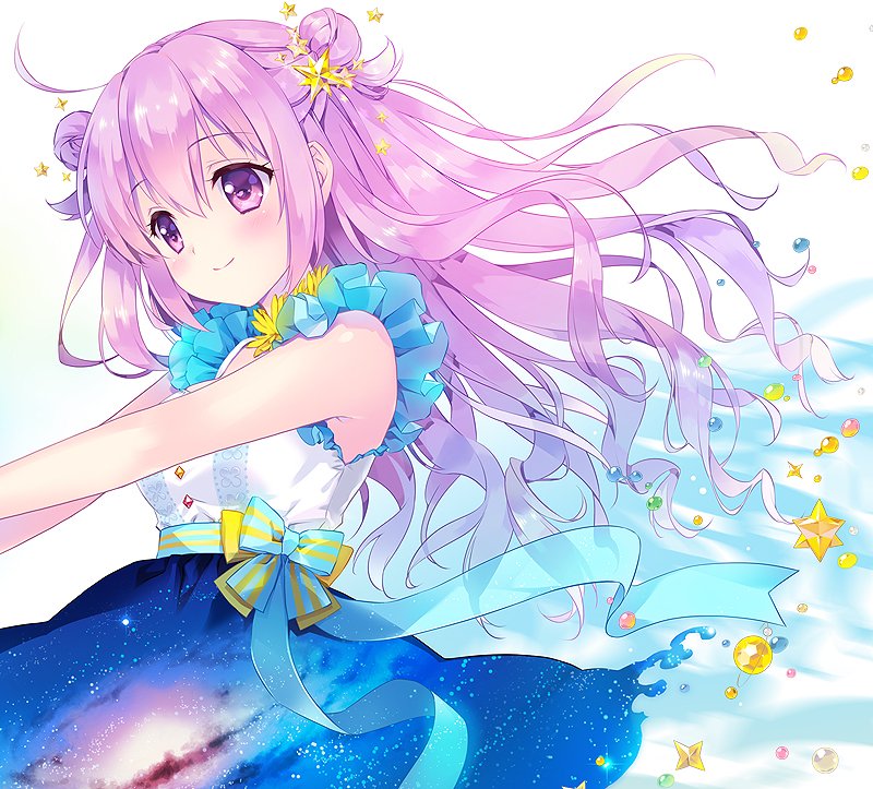 ahoge blush bow carnelian double_bun galaxy long_hair original pink_eyes pink_hair smile solo space star star_(sky) striped