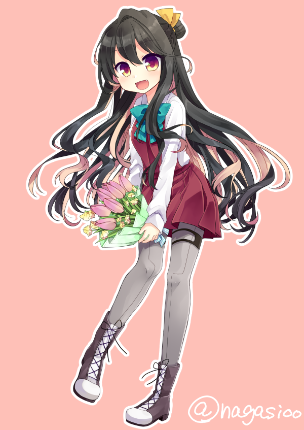 :d black_hair blush boots bouquet bow bowtie cross-laced_footwear fang flower full_body gradient_eyes grey_legwear hair_bun kantai_collection lace-up_boots long_hair long_sleeves multicolored multicolored_eyes multicolored_hair naganami_(kantai_collection) nagasioo open_mouth pantyhose pink_background pink_hair purple_eyes school_uniform smile solo twitter_username two-tone_hair yellow_eyes