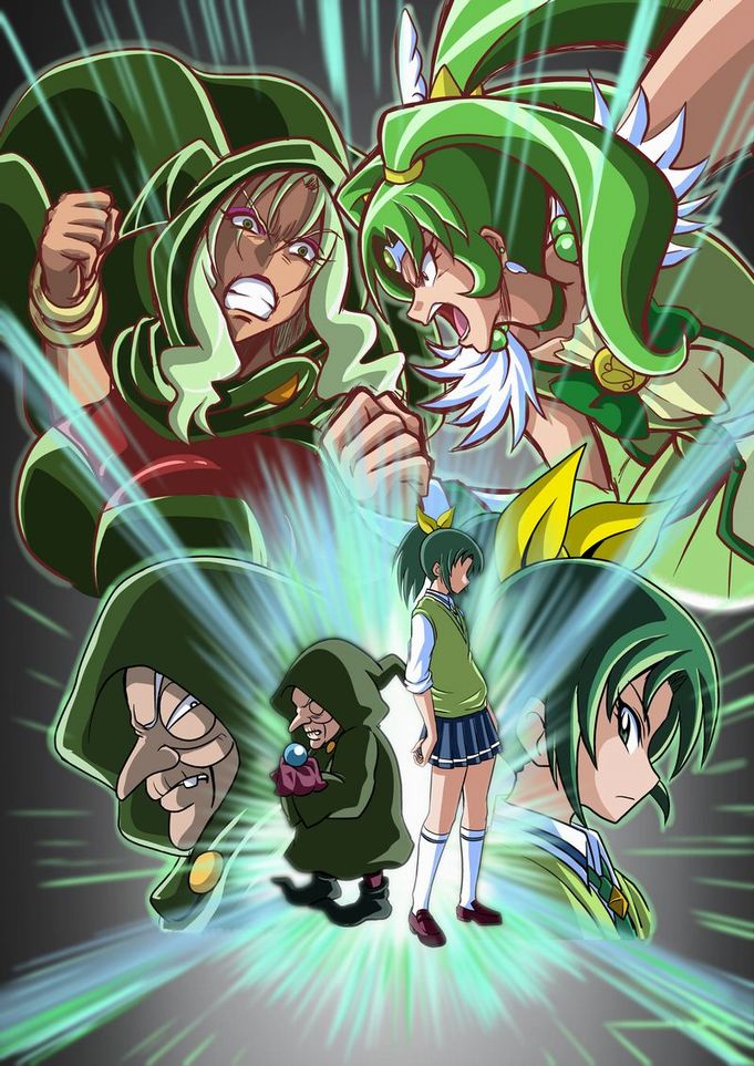 &gt;:( :o age_difference back-to-back battle blue_skirt breasts choker circlet clenched_hand clenched_teeth cloak closed_mouth commentary_request cure_march dark_skin discovery_yuta dress duel earrings eyeshadow feather_trim flat_chest frown full_body green_dress green_eyes green_hair hair_ribbon height_difference hood hooded_cloak jewelry large_breasts loafers long_hair long_nose long_sleeves looking_at_another majorina makeup midorikawa_nao miniskirt multiple_girls old_woman orb pleated_skirt ponytail precure profile ribbon school_uniform shoes skirt smile_precure! socks standing sweater_vest teeth twintails v-shaped_eyebrows vambraces white_legwear wide_sleeves witch wrinkles yellow_ribbon