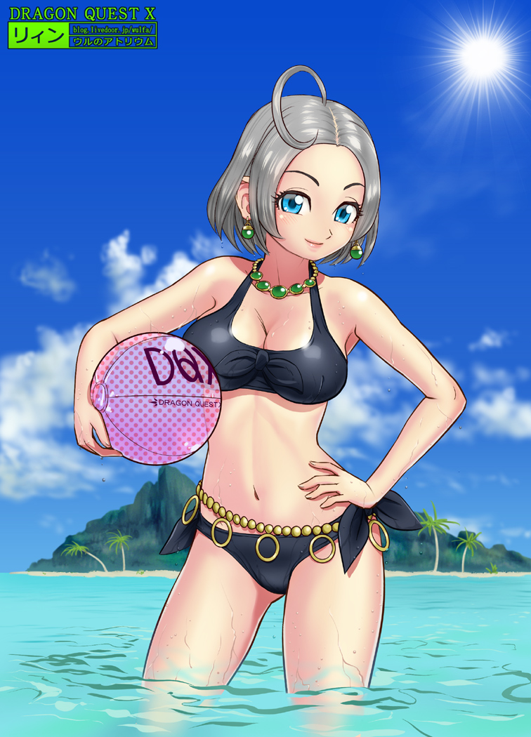 ahoge ass_visible_through_thighs belly_chain bikini black_bikini blue_eyes breasts cleavage contrapposto copyright_name dragon_quest dragon_quest_x earrings front-tie_bikini front-tie_top gem hand_on_hip island jewelry large_breasts navel necklace ocean riin_(dq10) short_hair side-tie_bikini silver_hair smile solo standing stomach swimsuit ur_(wulfa) wading water watermark web_address wet
