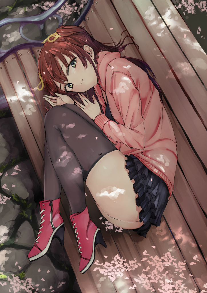 ass bench brown_hair cherry_blossoms fetal_position frilled_skirt frills from_above full_body green_eyes hair_ribbon high_heels hood hoodie looking_at_viewer lying microskirt no_panties on_side original outdoors plantar_flexion ribbon skirt smile solo spring_(season) thighhighs two_side_up yukiguni_yuu