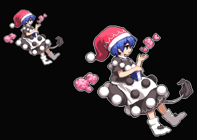 bangs black_background black_dress blue_eyes blue_hair book commentary_request doremy_sweet dress eyebrows_visible_through_hair from_side full_body hat heart holding holding_book nightcap no_shoes open_mouth pixel_art pom_pom_(clothes) profile red_hat short_sleeves simple_background socks tail takorin tapir_tail touhou white_legwear