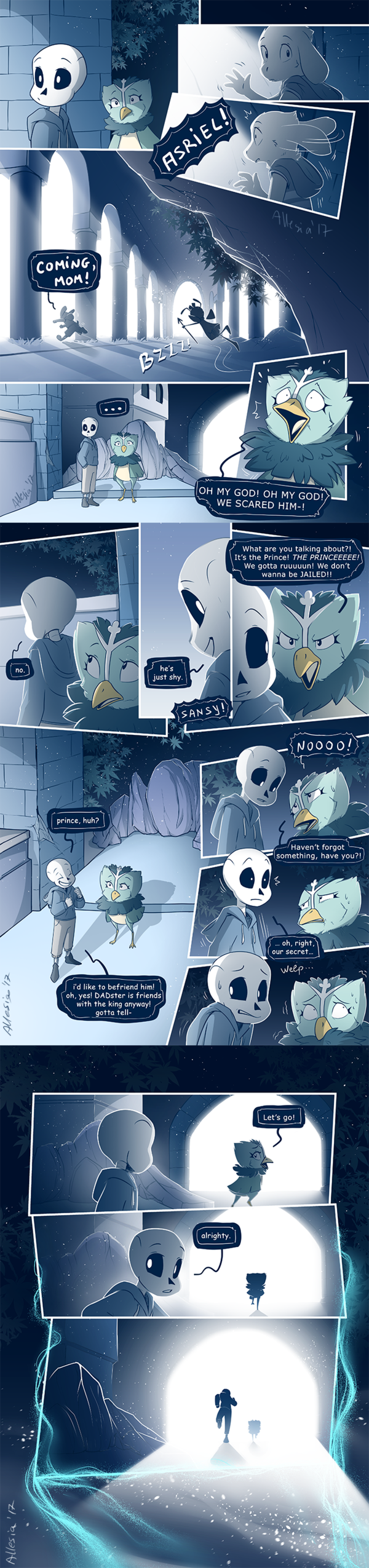 2017 absurd_res allesiathehedge animated_skeleton asriel_dreemurr avian bird bone caprine clothed clothing comic english_text fur goat hi_res male mammal sans_(undertale) skeleton text undead undertale video_games young