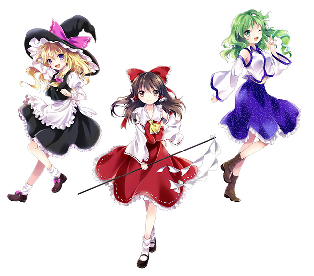 :d ;d \m/ apron arm_up ascot bad_id bangs black_hat blonde_hair blush boots bow breasts brown_eyes brown_footwear brown_hair detached_sleeves eyebrows_visible_through_hair frilled_apron frilled_skirt frills frog_hair_ornament full_body gohei green_eyes hair_between_eyes hair_bow hair_ornament hair_tubes hakurei_reimu hand_on_hip hand_up hat hat_bow japanese_clothes juliet_sleeves kirisame_marisa kochiya_sanae konayama_kata loafers long_hair long_sleeves looking_at_viewer mary_janes medium_breasts multiple_girls nontraditional_miko one_eye_closed open_mouth pink_bow puffy_sleeves purple_eyes red_bow ribbon-trimmed_skirt ribbon-trimmed_sleeves ribbon_trim shoe_bow shoes sidelocks simple_background skirt skirt_set smile snake_hair_ornament socks standing touhou v-shaped_eyebrows waist_apron white_apron white_background white_legwear witch_hat