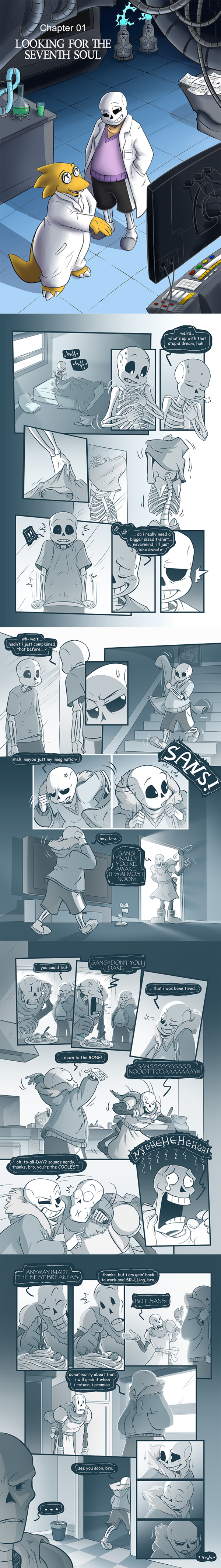 absurd_res allesiathehedge alphys animated_skeleton bone clothed clothing comic english_text eyewear female fur glasses hi_res lizard male papyrus_(undertale) reptile sans_(undertale) scalie skeleton text undead undertale video_games