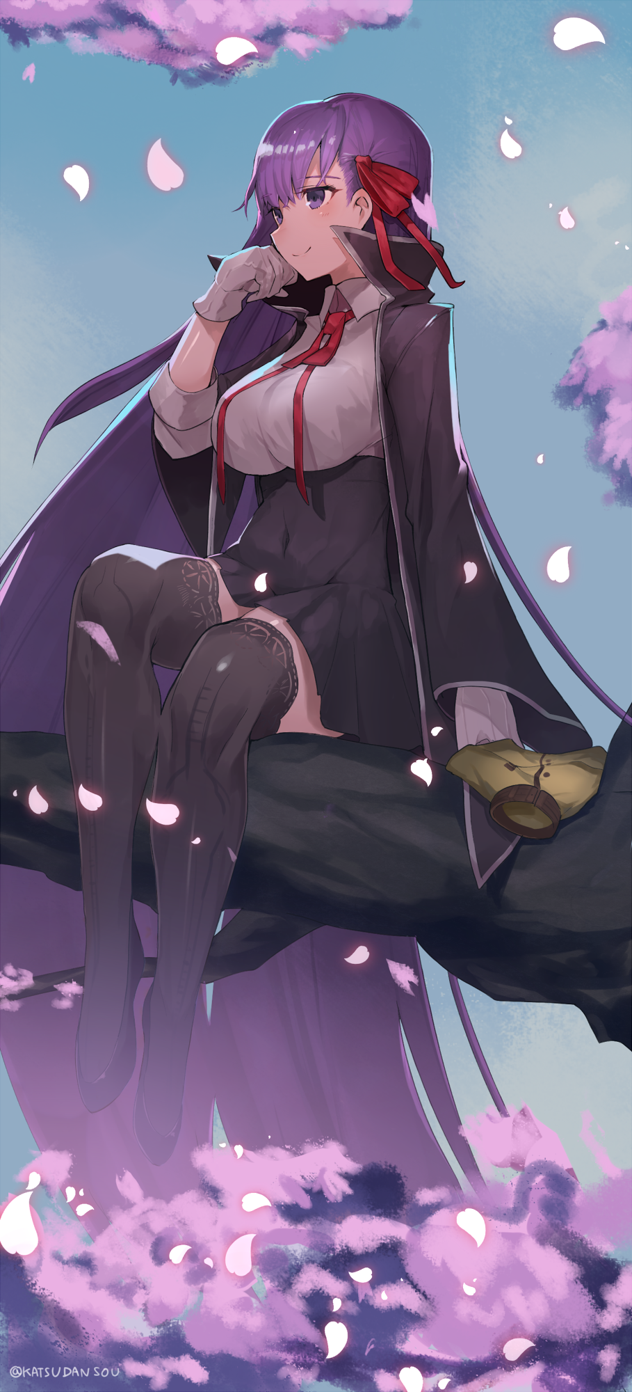 absurdly_long_hair arm_support bb_(fate)_(all) bb_(fate/extra_ccc) branch breasts cape capelet fate/extra fate/extra_ccc fate_(series) gloves highres katsudansou large_breasts long_hair petals purple_eyes purple_hair sitting smile solo thighhighs very_long_hair