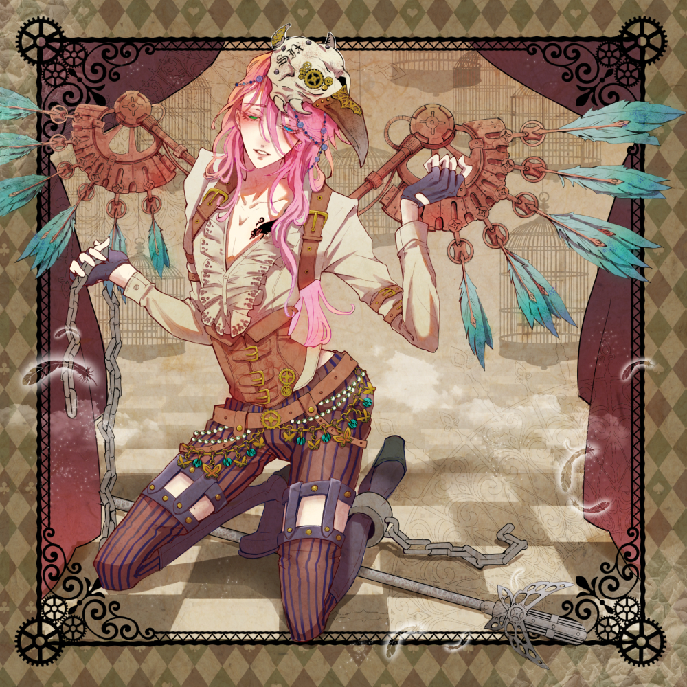 1boy bent_knees blue_eyes blush chains gloves green_eyes heterochromia long_hair looking_at_viewer male_focus open_mouth personification pink_hair shirt sitting solo souza_samonji touken_ranbu wings