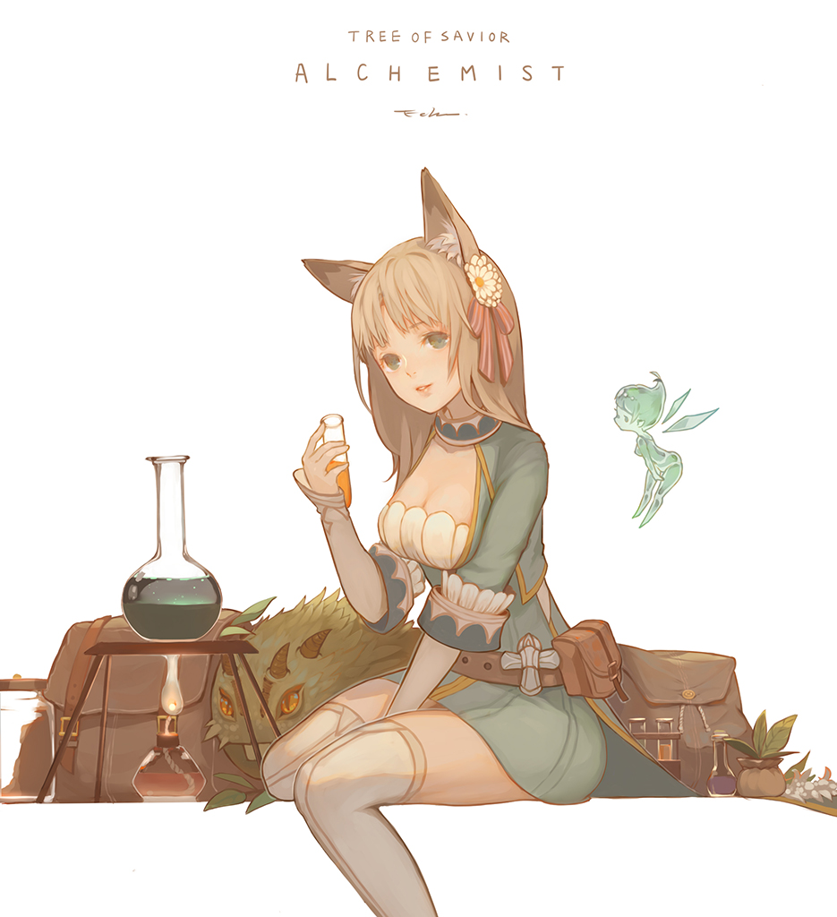 alchemist_(tree_of_savior) animal_ears backpack bag belt bottle breasts brown_hair bunsen_burner cleavage collarbone creature dress echosdoodle fairy flower fox_ears green_dress green_eyes hair_flower hair_ornament head_tilt holding long_hair looking_at_another medium_breasts parted_lips plant potted_plant round-bottom_flask sitting smile test_tube thighhighs tree_of_savior white_background white_legwear