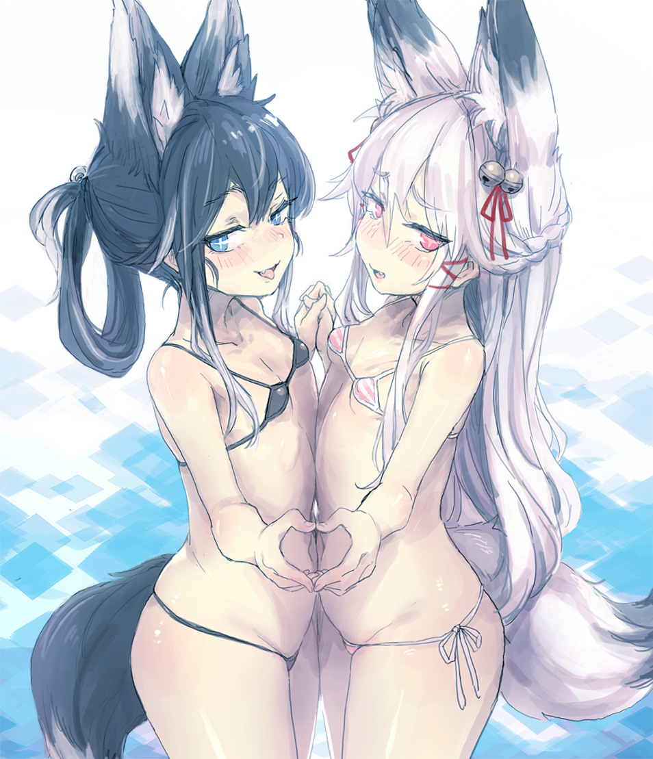 2girls :d :p animal_ears bare_arms bare_shoulders bee_(deadflow) bell bikini blue_background blue_eyes blush body_blush braid breasts collarbone commentary_request copyright_request cowboy_shot eyebrows_visible_through_hair flat_chest fox_ears fox_tail french_braid gradient gradient_background hair_bell hair_between_eyes hair_ornament hair_ribbon hair_rings heart heart_hands heart_hands_duo holding_hands interlocked_fingers jingle_bell long_hair looking_at_viewer looking_to_the_side micro_bikini multiple_girls navel nose_blush open_mouth pink_eyes pink_ribbon red_ribbon ribbon shiny shiny_skin side-tie_bikini silver_hair small_breasts smile standing stomach striped striped_bikini swimsuit tail thighs tongue tongue_out very_long_hair