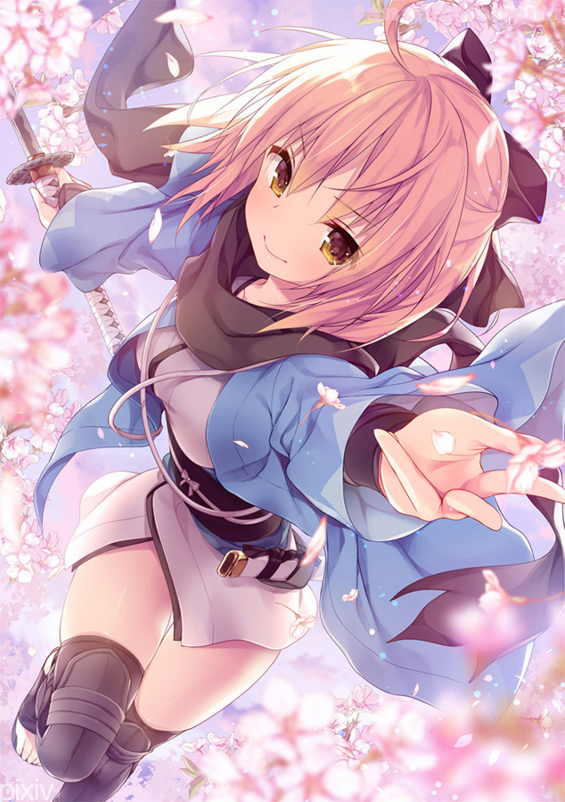 1girl ahoge bent_knees black_scarf blonde_hair blush breasts brown_eyes cherry_blossoms eyebrows_visible_through_hair fate/grand_order fate_(series) flower from_above hair_between_eyes hair_bow haori holding holding_sword holding_weaponblack_thighhighs katana kimono koha-ace konomi looking_at_viewer medium_breasts outstretched_arm petals ribbon sakura_saber sandals sash scarf shinsengumi short_hair short_kimono sky smile solo sword thighhighs traditional_clothes wafuku weapon