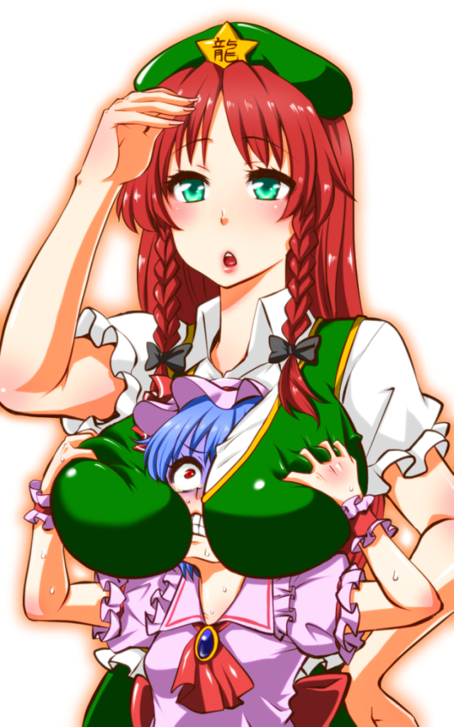 aqua_eyes ascot beret between_breasts blouse blue_hair blush braid breast_grab breast_smother breasts brooch chinese_clothes clenched_teeth commentary_request grabbing hand_on_hip hat head_between_breasts hong_meiling jewelry large_breasts long_hair looking_afar mob_cap multiple_girls open_mouth red_eyes red_hair remilia_scarlet shiraue_yuu short_hair simple_background star sweatdrop teeth touhou twin_braids upper_body white_background wrist_cuffs