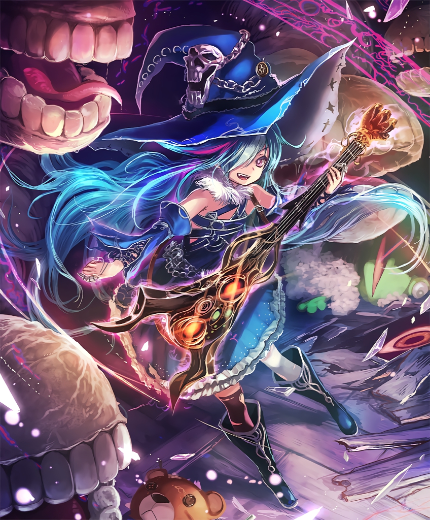 artist_request asymmetrical_legwear blue_hair boots broken broken_glass crack cracked_floor cygames detached_sleeves electric_guitar fang frills fur_trim glass guitar hair_over_one_eye hat instrument long_hair multicolored_hair official_art plank purple_eyes remi_and_rami shadowverse shingeki_no_bahamut stuffing tongue tongue_out torn_clothes very_long_hair witch_hat