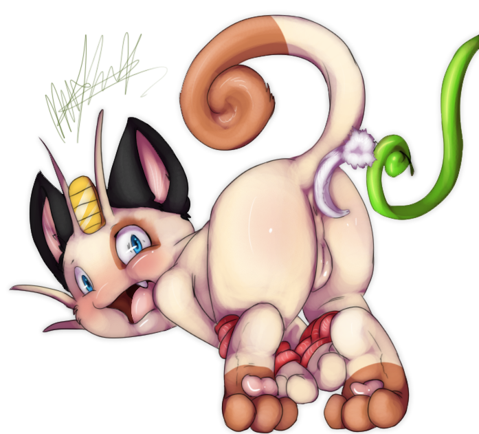alpha_channel blue_eyes blush fangs feather hindpaw male meowth nintendo open_mouth paws plain_background pok&#233;mon pokemon tartii transparent_background video_games