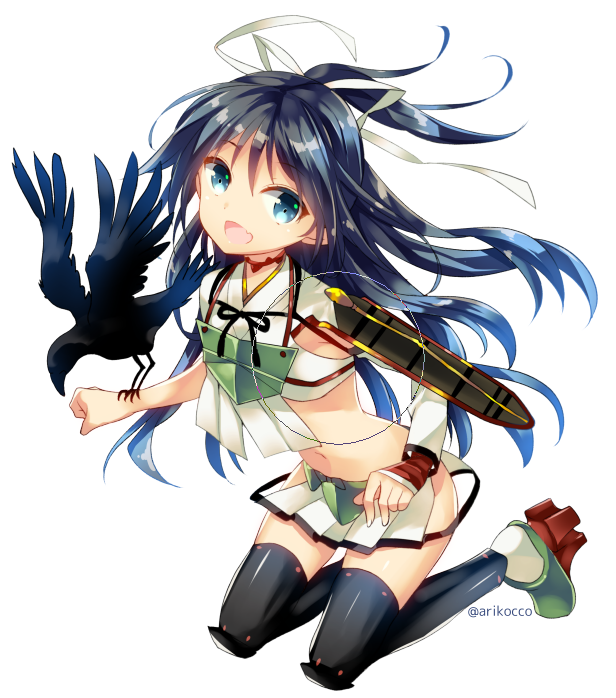 ariko_youichi armor armpits asymmetrical_clothes black_hair black_legwear blue_eyes camouflage fingerless_gloves flight_deck full_body gloves hair_between_eyes hair_ribbon hip_vent japanese_clothes kantai_collection katsuragi_(kantai_collection) long_hair looking_at_viewer midriff miniskirt mismatched_gloves mismatched_sleeves navel open_mouth ponytail remodel_(kantai_collection) ribbon short_sleeves skirt solo white_ribbon