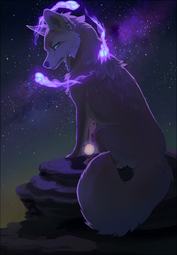 akitamonster ambiguous_gender canine detailed_background ear_piercing feral fox fur green_eyes grey_nose mammal night outside paws piercing rock sitting sky solo star starry_sky