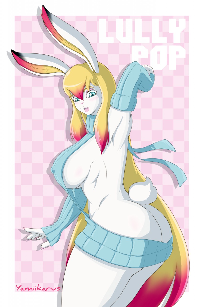 2017 anthro big_breasts blonde_hair blue_eyes breasts clothed clothing female fur hair lagomorph long_hair lully_pop mammal open_mouth rabbit simple_background smile solo standing sweater virgin_killer_sweater white_fur yamiikarus