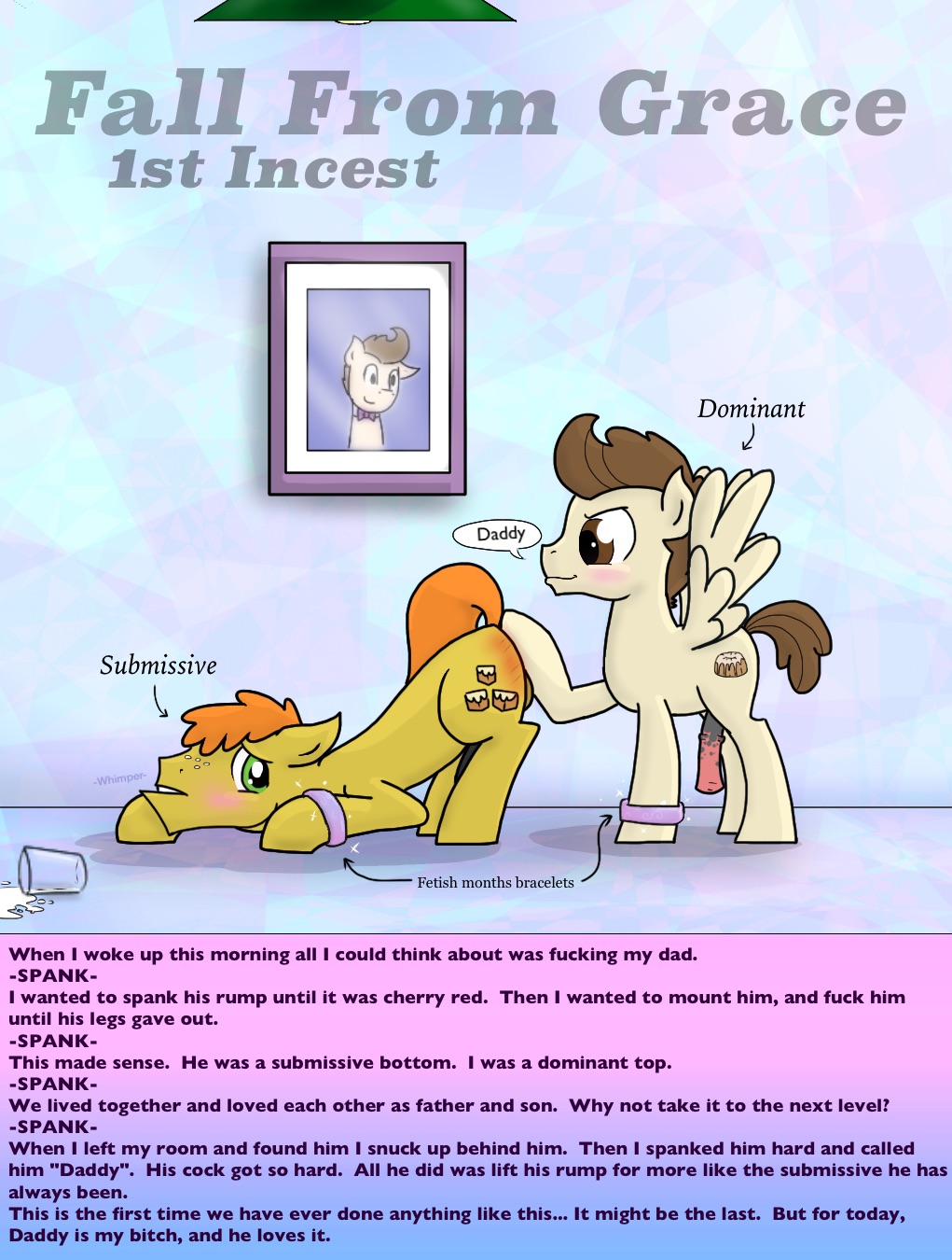 age_difference aged_up carrot_cake equine fall_from_grace father father_and_son friendship_is_magic incest killian_joy male male/male mammal my_little_pony parent penis pound_cake_(mlp) son spanking story
