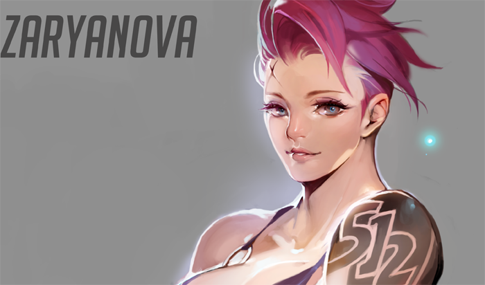 akito1179 arm_tattoo bare_shoulders bikini blue_eyes breasts character_name cleavage collarbone eyelashes eyeliner eyeshadow grey_background large_breasts lips looking_at_viewer makeup mascara nose overwatch parted_lips pink_hair scar short_hair simple_background smile solo swimsuit tattoo upper_body zarya_(overwatch)