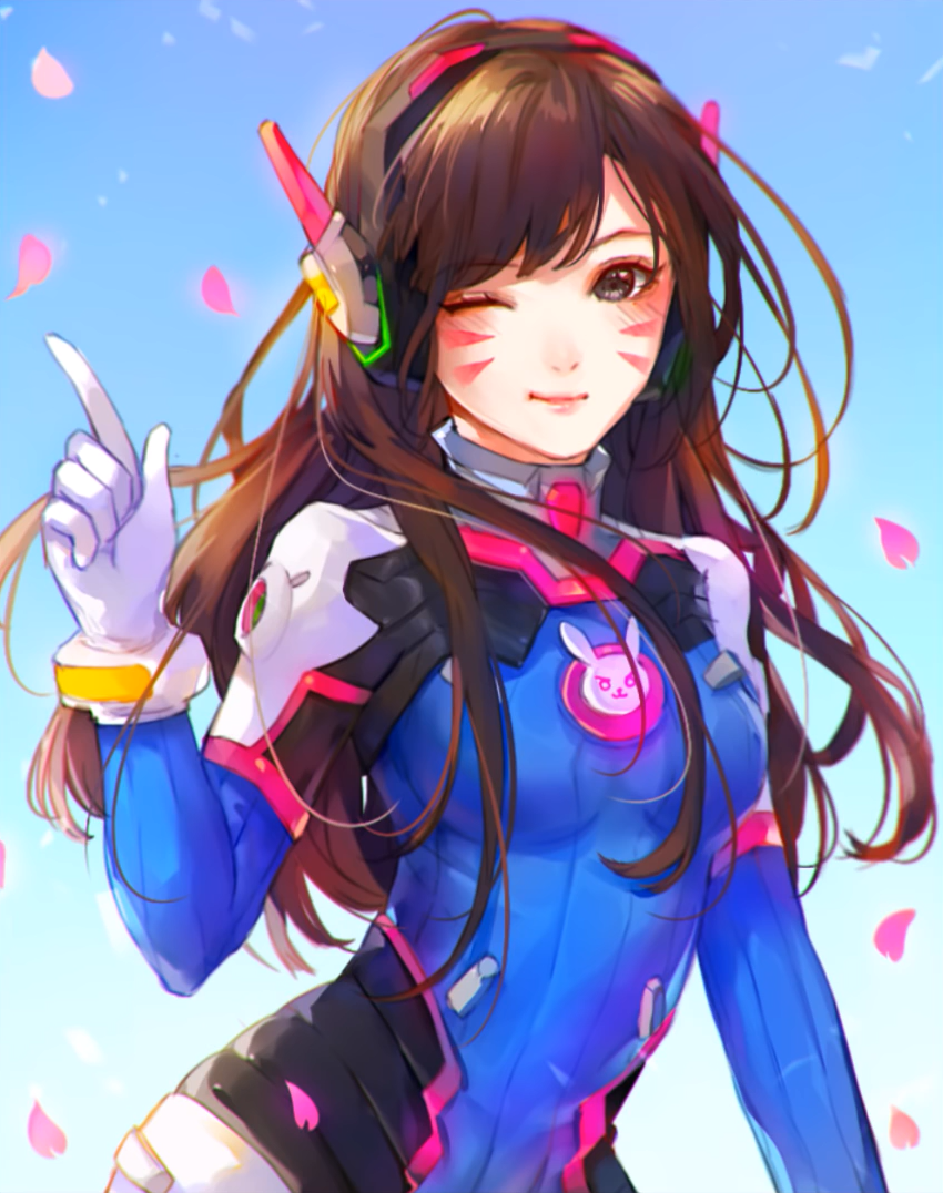 animal_print arm_at_side bangs black_eyes blue_background blue_bodysuit blush bodysuit breasts brown_hair bunny_print cherry_blossoms closed_mouth d.va_(overwatch) eyebrows_visible_through_hair facepaint gloves gradient gradient_background headset long_hair looking_at_viewer medium_breasts one_eye_closed overwatch petals pointing pointing_up ribbed_bodysuit ruuto-kun screen smile solo speedpaint swept_bangs teenage upper_body video_crop whisker_markings white_gloves