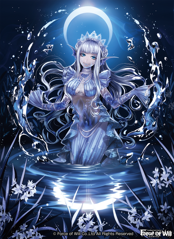 blue_eyes center_opening copyright_name crown curly_hair flower force_of_will grass grey_hair grey_skin hair_flower hair_ornament head_fins long_hair matsurika_youko midriff moon navel night night_sky official_art sky solo tattoo water