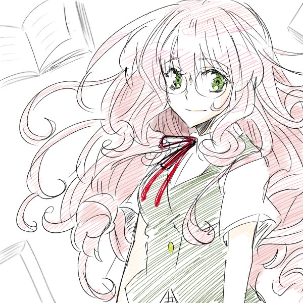 curly_hair glasses green_eyes hel_(matantei_loki_ragnarok) long_hair matantei_loki_ragnarok pen pink_hair smile solo temaroppu_(ppp_10cc) traditional_media