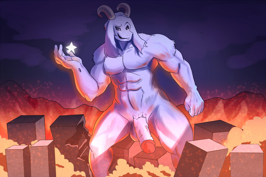 2016 abs anthro asriel_dreemurr balls biceps big_penis boss_monster caprine city destruction fire goat god_of_hyperdeath horn macro male mammal muscular muscular_male nude pecs penis pubes solo soonico undertale vein video_games