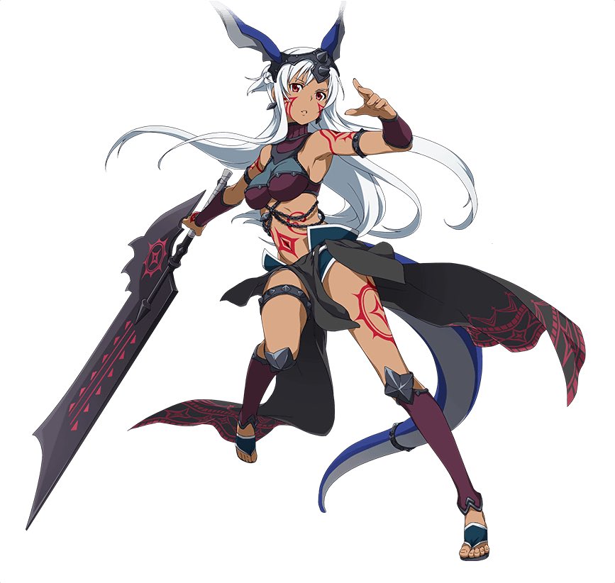 armpits breasts breasts_apart brown_eyes character_request cleavage dark_skin facial_mark floating_hair full_body hair_ornament holding holding_weapon kneehighs leg_up long_hair medium_breasts midriff official_art simple_background solo standing sword_art_online sword_art_online:_code_register tail tattoo very_long_hair weapon white_background white_hair