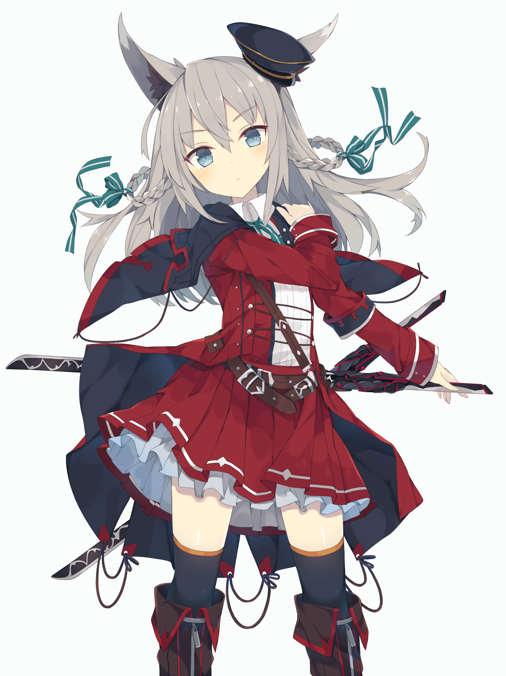 :&lt; animal_ears belt black_footwear black_legwear blue_eyes blush boots braid capelet closed_mouth commentary_request cowboy_shot fox_ears grey_hair hair_ribbon highres holding holding_sword holding_weapon jacket long_hair long_sleeves looking_at_viewer neck_ribbon nibiiro_shizuka open_clothes open_jacket original petticoat red_jacket red_skirt ribbon skirt skirt_set solo sword thighhighs tress_ribbon twin_braids v-shaped_eyebrows weapon