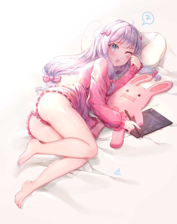ass bangs barefoot bed_sheet blush bow commentary_request eromanga_sensei eyebrows_visible_through_hair hair_bow holding index_finger_raised izumi_sagiri legs long_hair long_sleeves looking_at_viewer low-tied_long_hair lying md5_mismatch on_side one_eye_closed open_mouth ozzingo pajamas pillow pink_bow rubbing_eyes silver_hair solo speech_bubble stylus tablet thighs