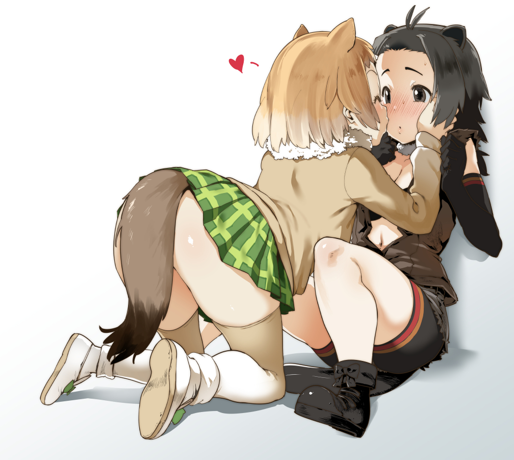 ^_^ american_beaver_(kemono_friends) animal_ears antenna_hair ass bare_shoulders beaver_ears beaver_tail bent_over bike_shorts bikini_top black-tailed_prairie_dog_(kemono_friends) blush bow breasts brown_eyes cleavage closed_eyes commentary elbow_gloves full_body fur_collar gloves gradient_hair grey_hair hand_on_another's_face heart jacket kemono_friends kiss light_brown_hair long_hair long_sleeves multicolored_hair multiple_girls navel open_clothes open_jacket open_mouth pija_(pianiishimo) plaid plaid_skirt pleated_skirt prairie_dog_ears prairie_dog_tail school_uniform shadow shoes short_hair shorts simple_background sitting skirt sleeveless small_breasts stomach sweat tail thighhighs torn_clothes torn_shorts torn_sleeves two-tone_hair white_background yuri