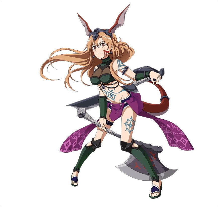 armlet asuna_(sao) axe bandages breasts brown_eyes brown_hair cleavage facial_mark floating_hair full_body groin hair_between_eyes hair_ornament holding holding_weapon long_hair looking_at_viewer medium_breasts midriff navel official_art simple_background smile solo standing stomach sword_art_online sword_art_online:_code_register tattoo thigh_strap very_long_hair weapon white_background