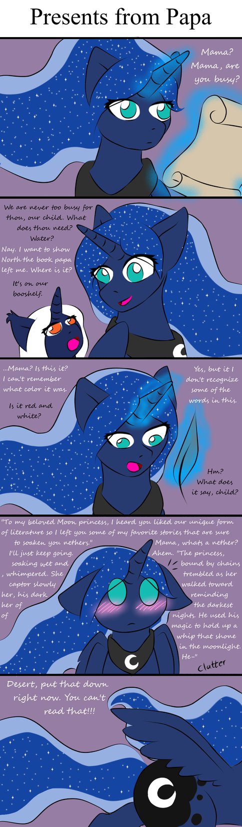 blush comic daughter desert_moon english_text equine fan_character feral friendship_is_magic horn horse hybrid jolliapplegirl mammal mother mother_and_daughter my_little_pony parent pony princess_luna_(mlp) sphinx text winged_unicorn wings