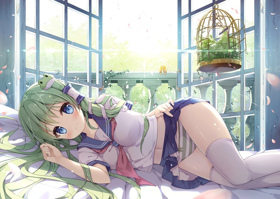 alternate_costume animal backlighting balcony bed bed_sheet between_breasts bird birdcage blue_eyes blue_skirt blurry blush bow bow_panties breasts cage closed_mouth commentary_request day duplicate embarrassed eyebrows_visible_through_hair frog_hair_ornament frown green_bow green_hair hair_ornament hair_tubes indoors kochiya_sanae lifted_by_self light_rays long_hair looking_at_viewer lying medium_breasts miniskirt miyase_mahiro motion_blur navel neckerchief on_bed on_side open_window panties pantyshot pantyshot_(lying) petals petticoat plant pleated_skirt raised_eyebrows red_neckwear school_uniform serafuku shiny shiny_hair shiny_skin skirt skirt_lift snake_hair_ornament solo stomach striped striped_panties sunbeam sunlight tareme thighhighs thighs touhou underwear upskirt vines white_legwear window