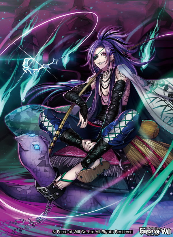 cape copyright_name earrings eyepatch facial_tattoo fire fishing_rod force_of_will full_body jewelry long_hair male_focus matsurika_youko nail_polish necklace official_art piercing ponytail purple_hair red_eyes sandals shirtless sitting solo tattoo teeth turtle