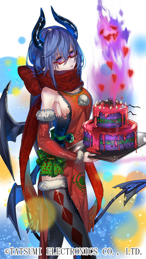 argyle argyle_legwear arm_warmers black_legwear blue_hair bow breasts bug cake company_name demon_horns demon_tail demono_crusade food glasses heart holding holding_tray horns medium_breasts nexie official_art pointy_ears pom_pom_(clothes) purple_eyes red-framed_eyewear red_scarf scarf sideboob solo spider standing tail thighhighs tray wings